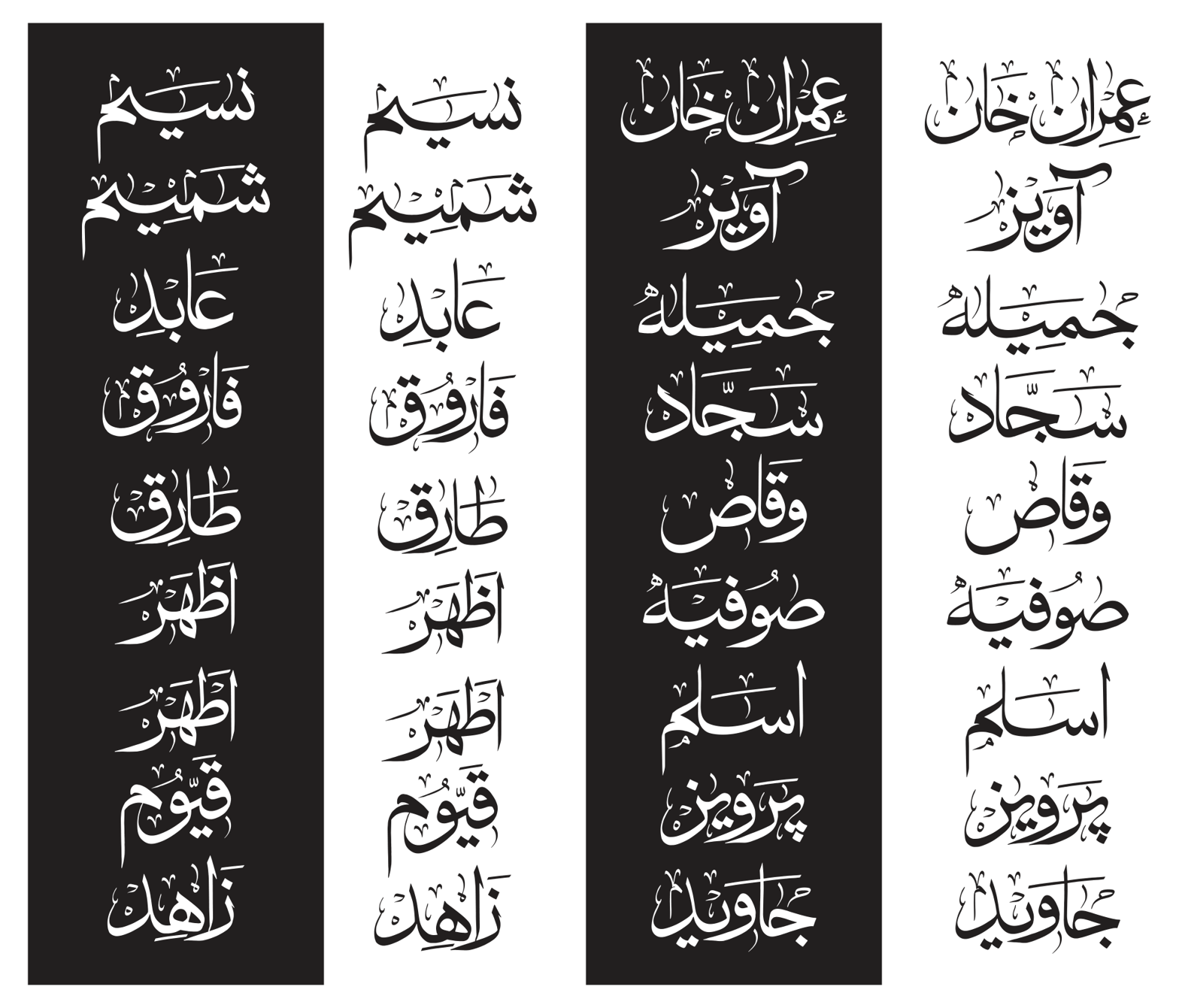 مختلف اسلامی ناموں کا مجموعہ (نسیم، شمیم، عابد، فاروق، طارق، اظہر، قیوم، زاہد، عمران خان، اویس، جمیلہ، سجاد، وقاص، صوفیہ، اسلم، پروین، جاوید)